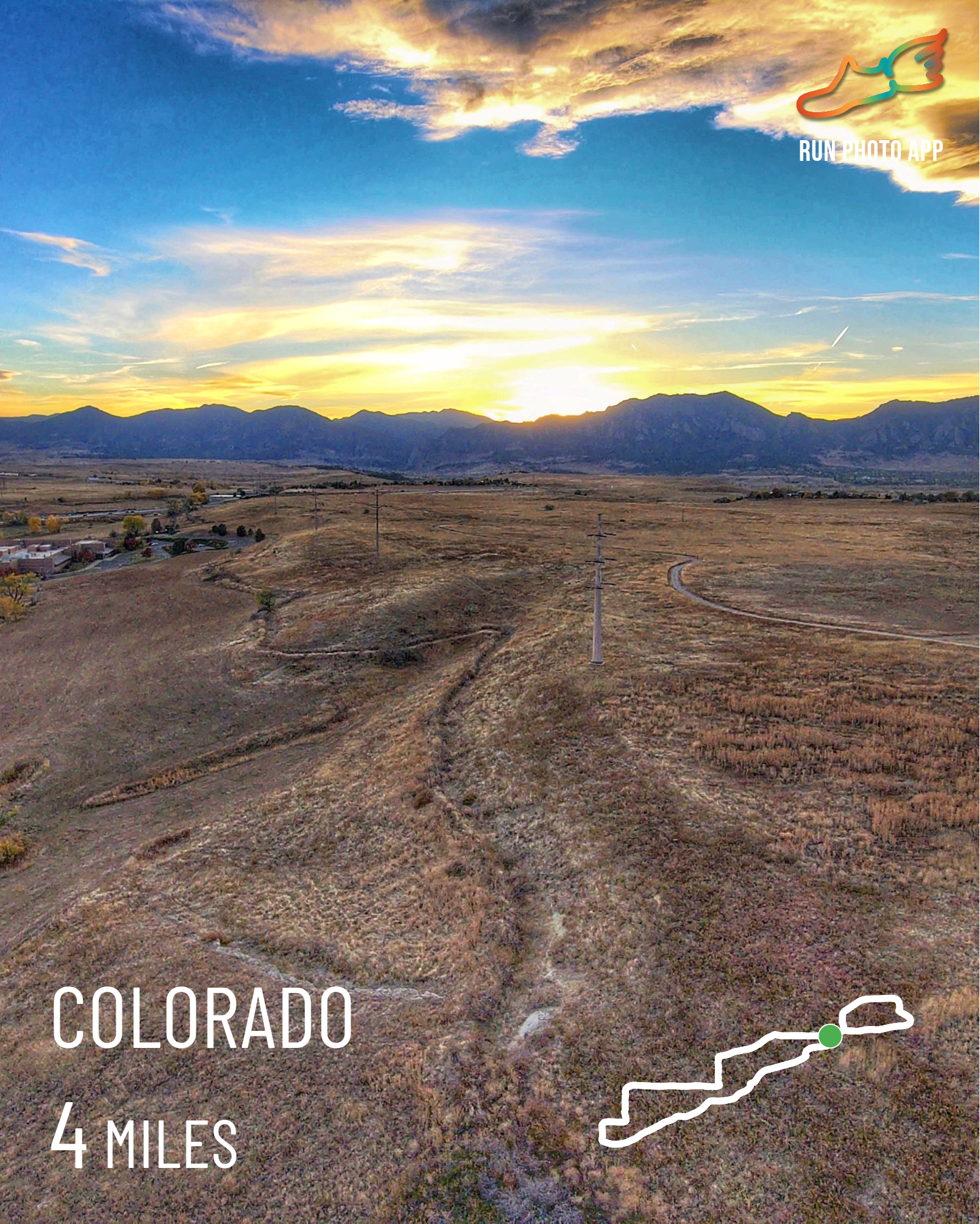 Colorado drone sunset with GPS route drawn on landscape