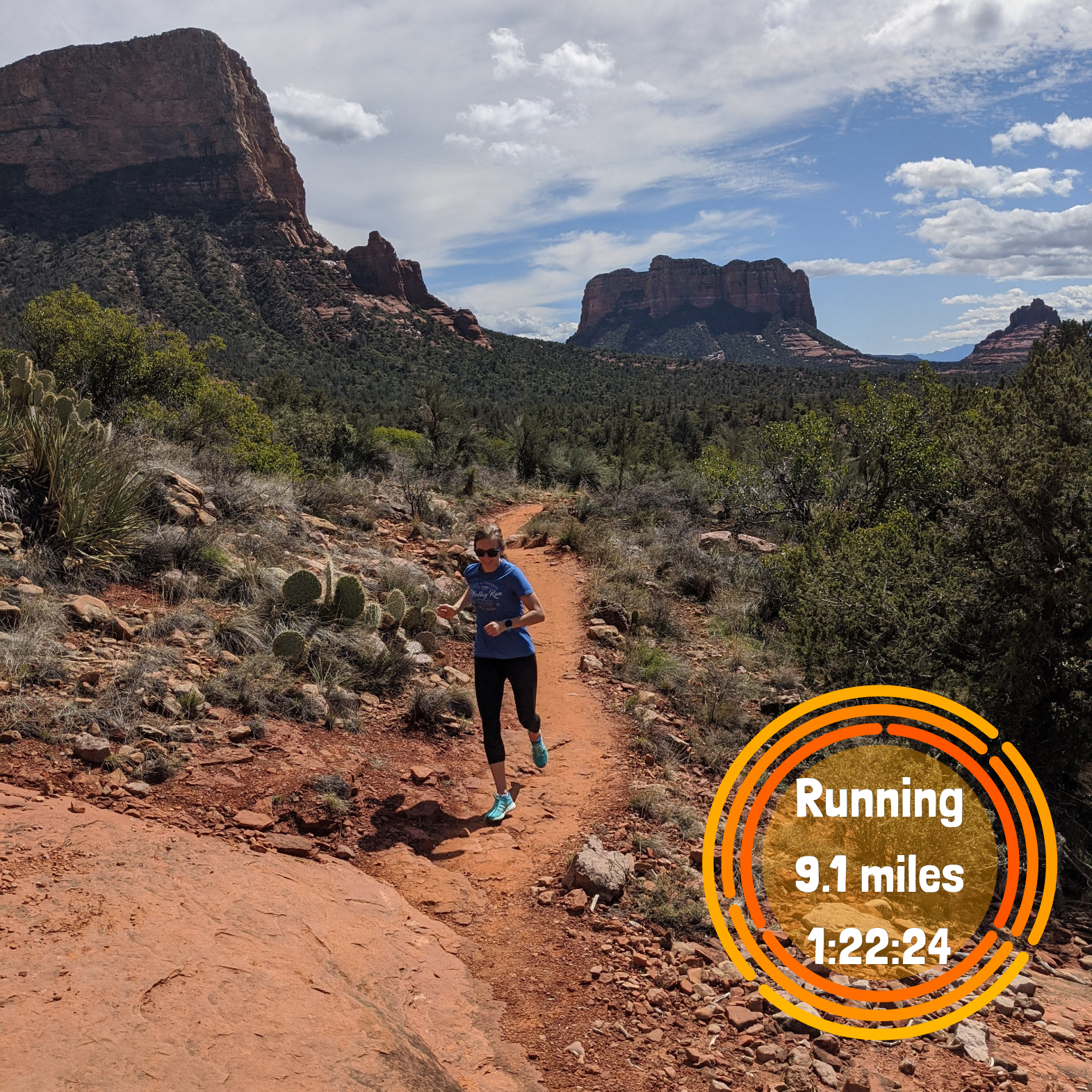 Sedona trail runner with orange stats widget