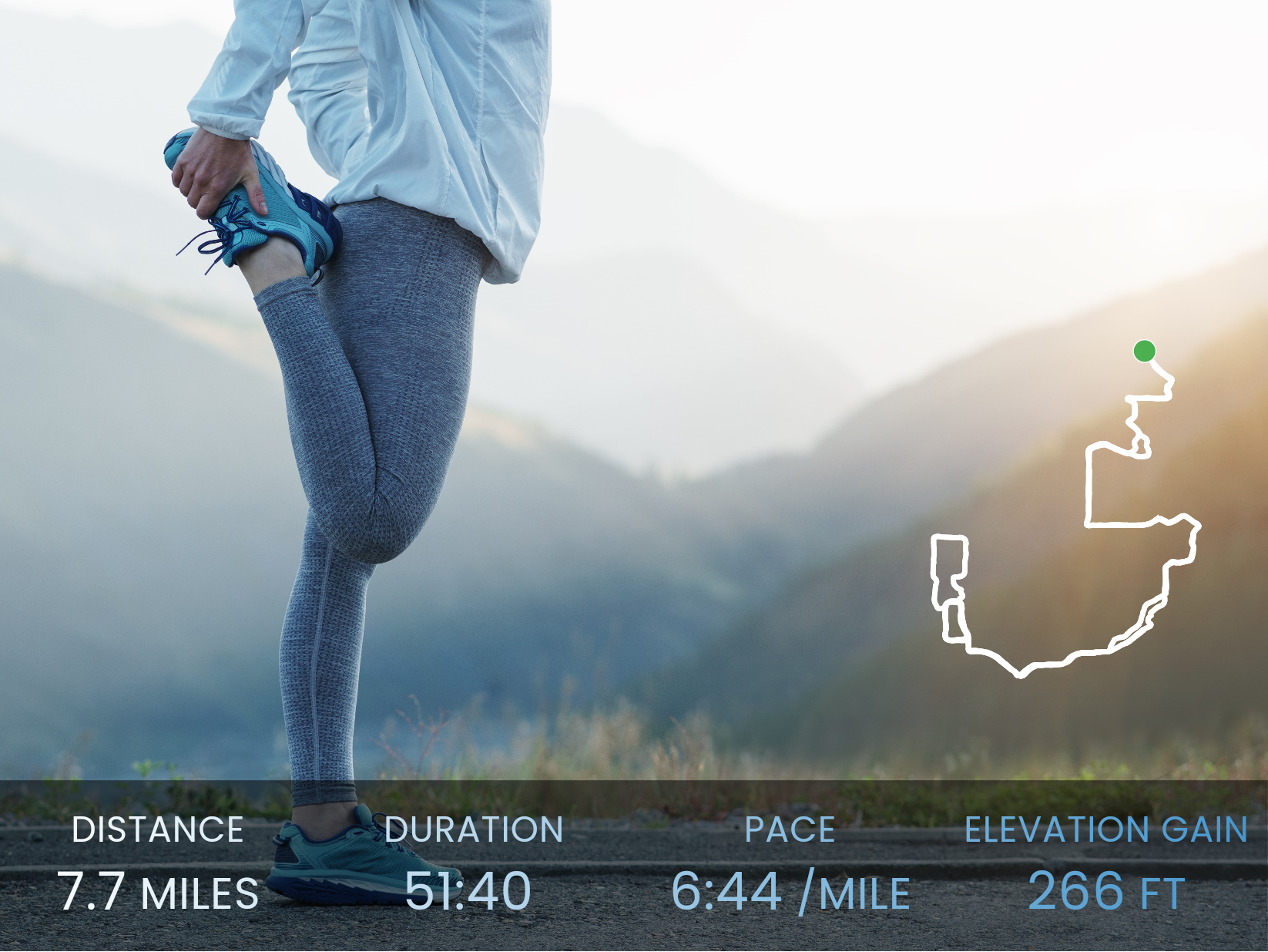 Mountain runner with route map, distance, duration, pace overlay