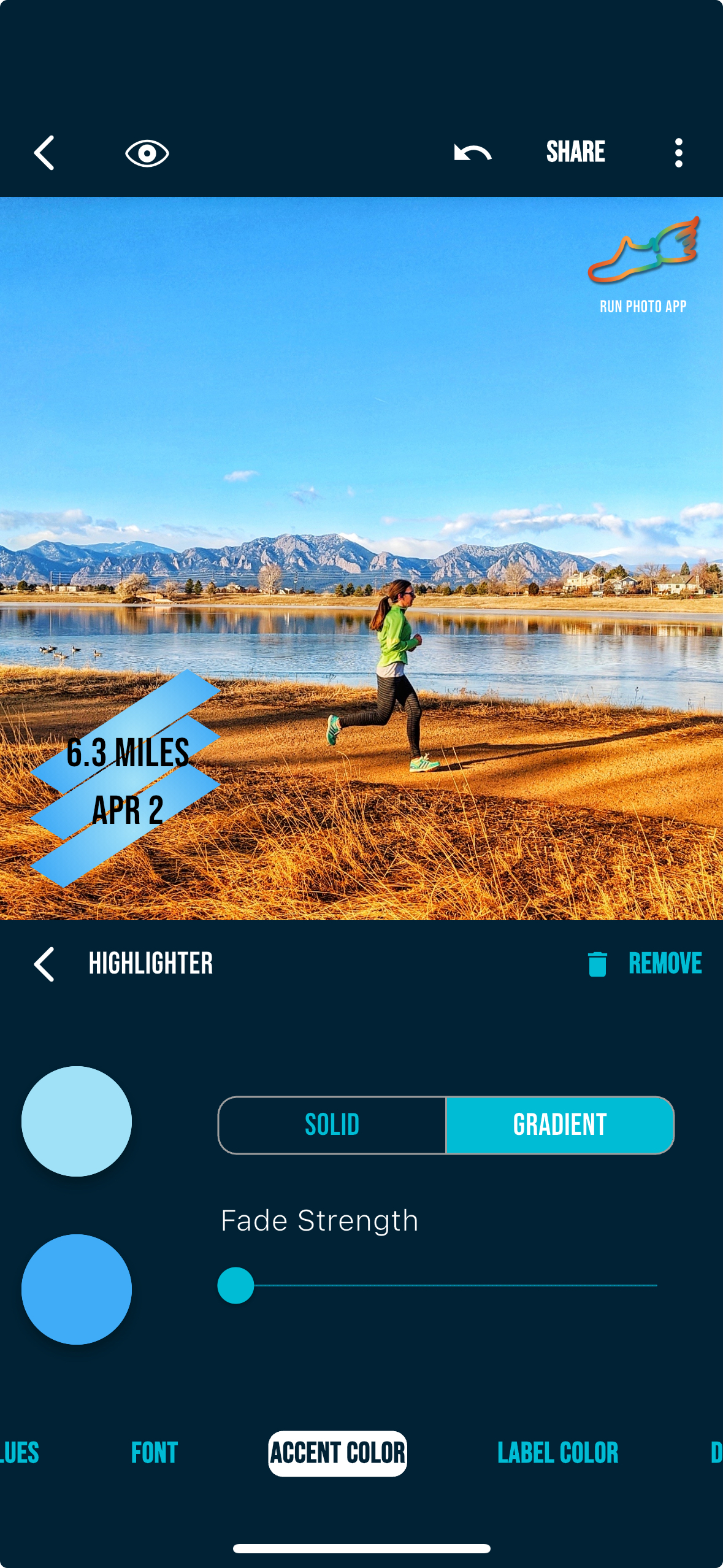 Run Photo editor with gradient highlighter tool, accent color picker, and stat overlay on lakeside running photo