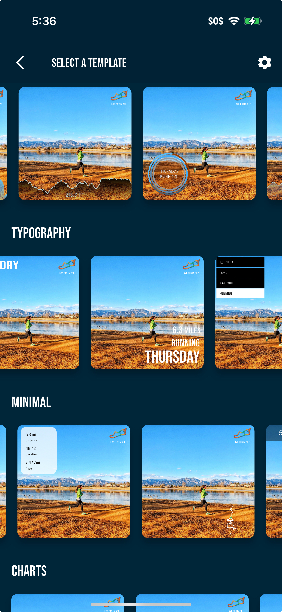 Run Photo template selection screen showing Typography, Minimal, and Chart templates