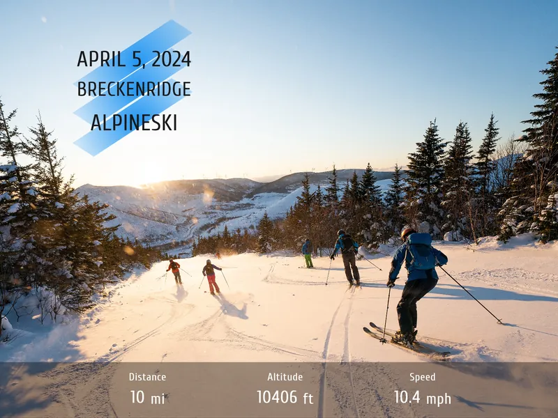 Skiers at Breckenridge with distance altitude and speed stats