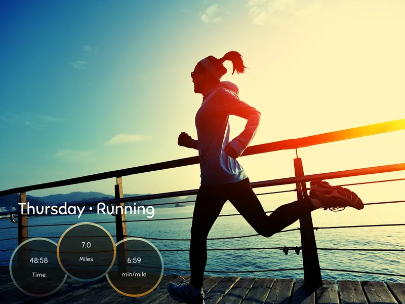 Waterfront runner at sunset with circular time miles and pace rings